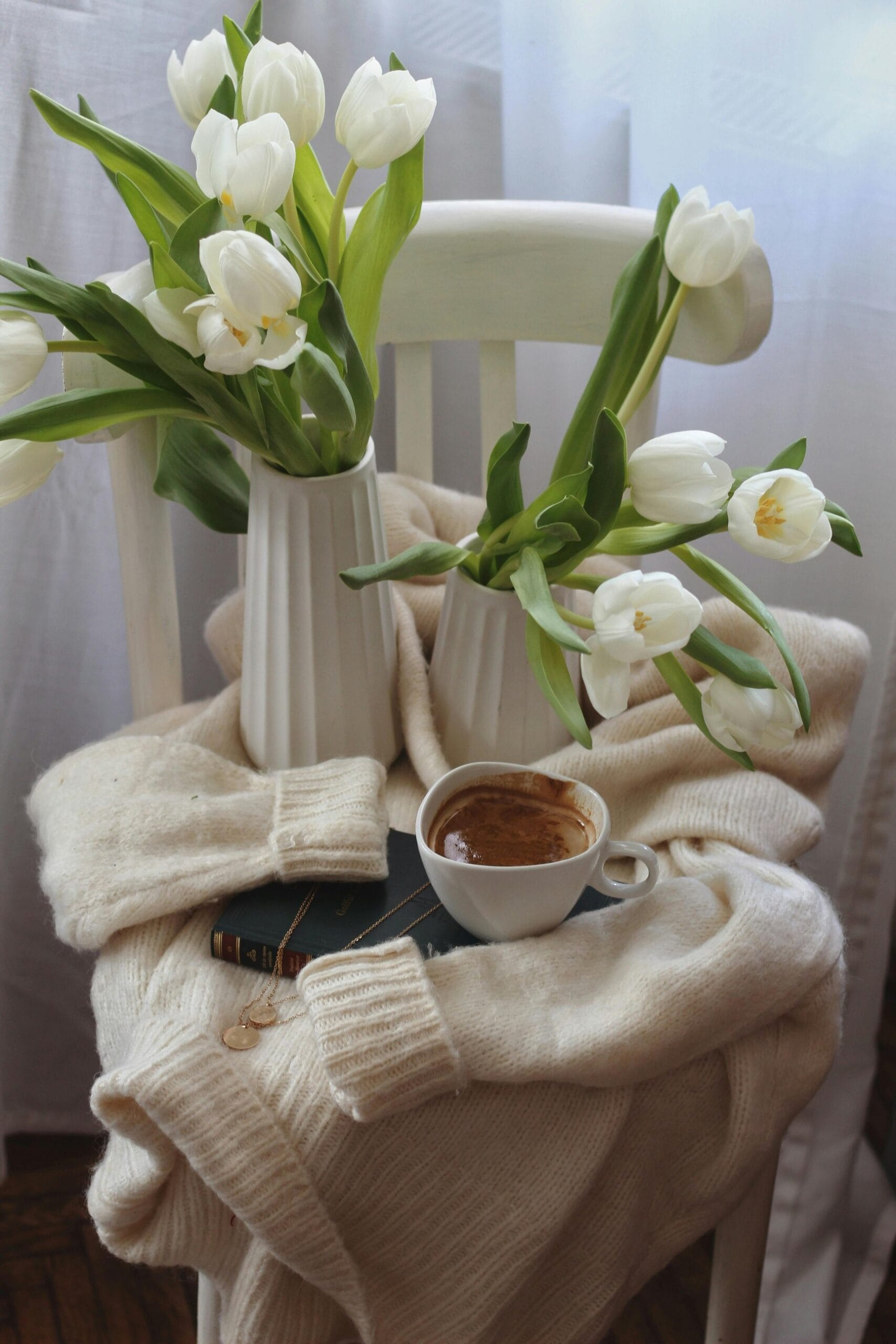 Cozy morning with hot chocolate, book and tulips — freshwater pearl earrings for quiet elegant moments