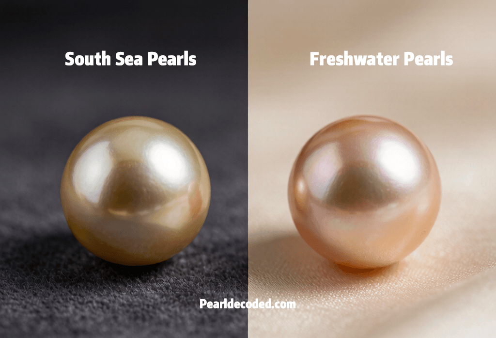 South Sea golden pearls beside freshwater golden-pink pearls, side by side comparison