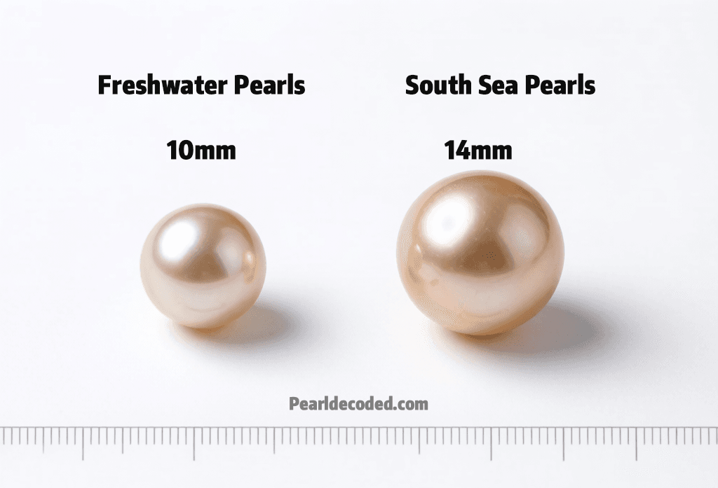 South Sea 14mm pearl next to freshwater 10mm pearl, size comparison