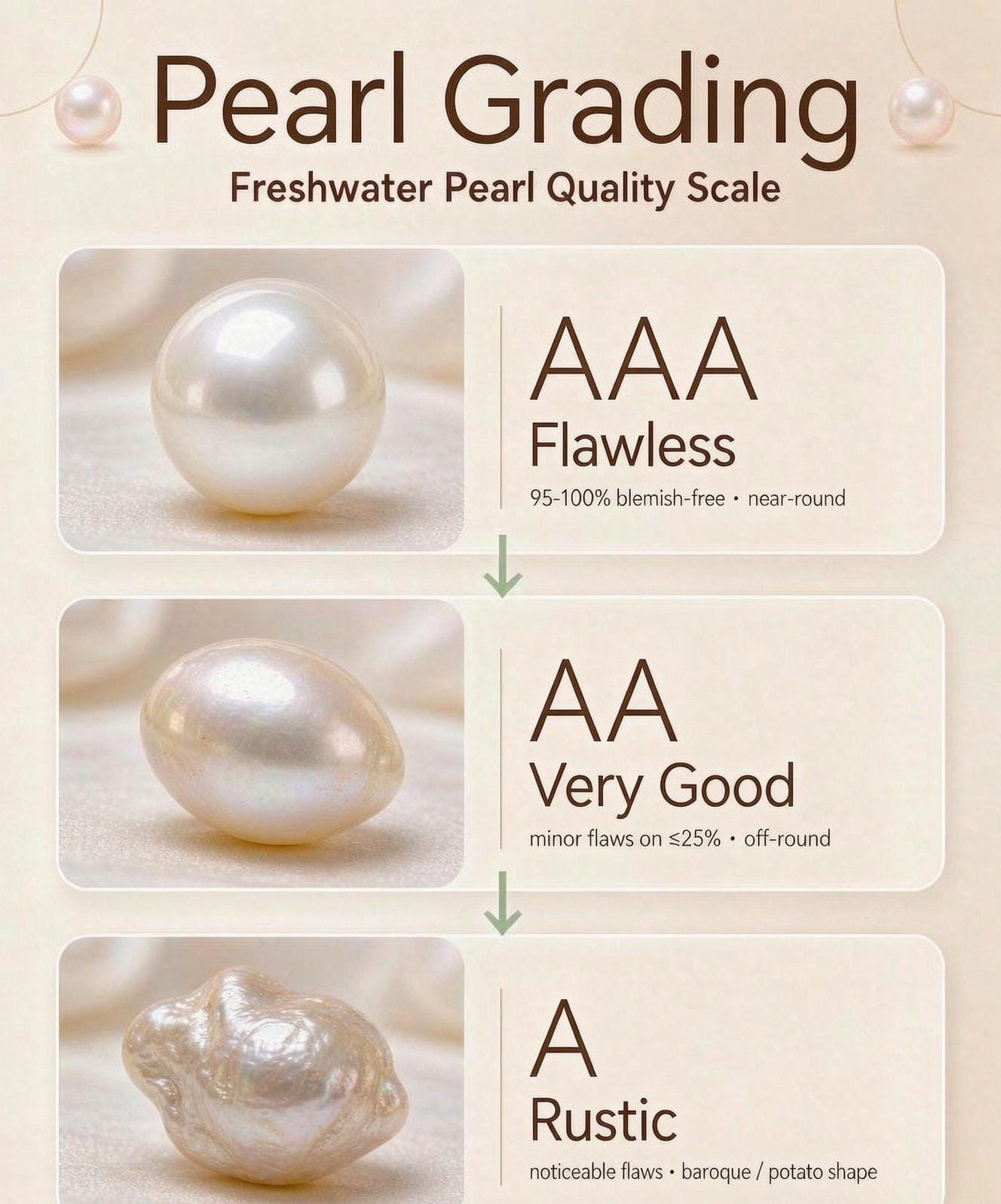 Pearl grading chart showing AAA, AA, and A quality freshwater pearls, comparing luster, surface perfection, and shape from highest to lowest grade