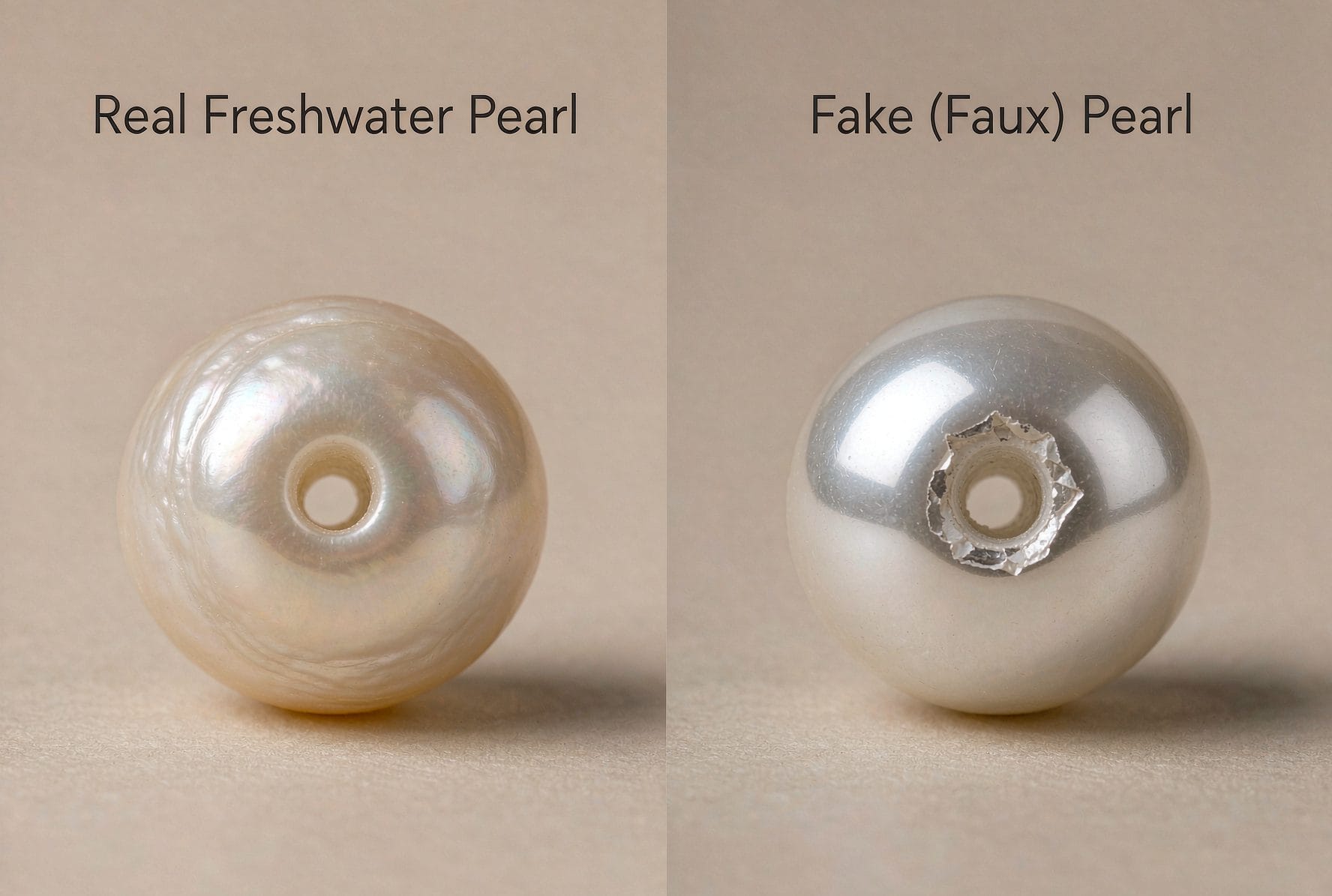 Side-by-side comparison of real versus fake freshwater pearls, showing the difference in luster, surface texture, and natural imperfections