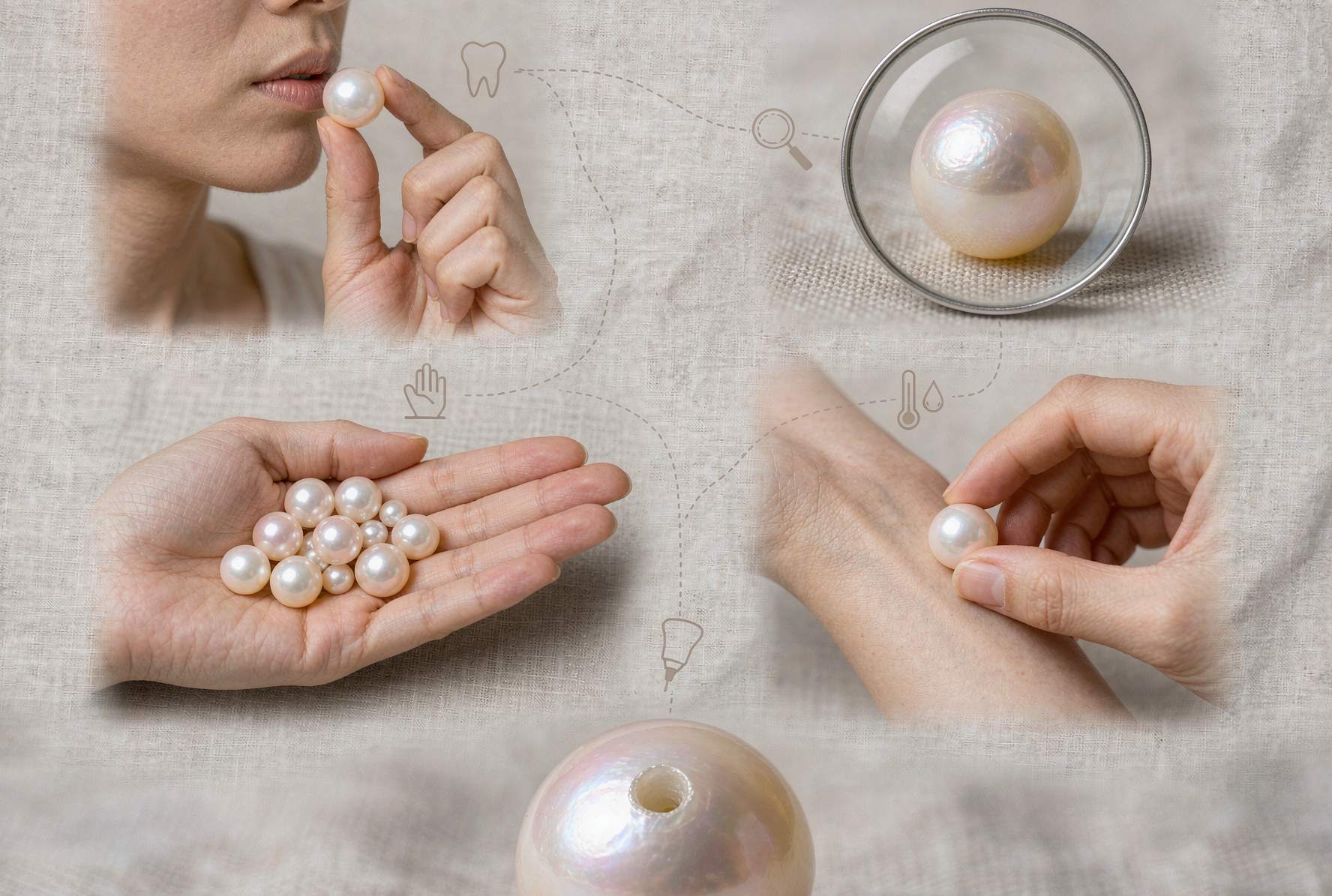 Infographic showing five at-home tests to identify real freshwater pearls: tooth test, surface examination, weight test, temperature test, and drill hole inspection