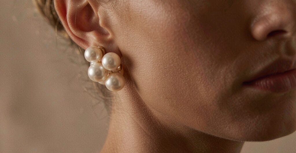 Statement cluster pearl drop earring worn on ear, gold setting with multiple pearls