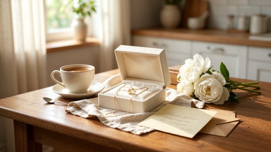 Pearl anniversary gift lifestyle - necklace in gift box with handwritten card and flowers