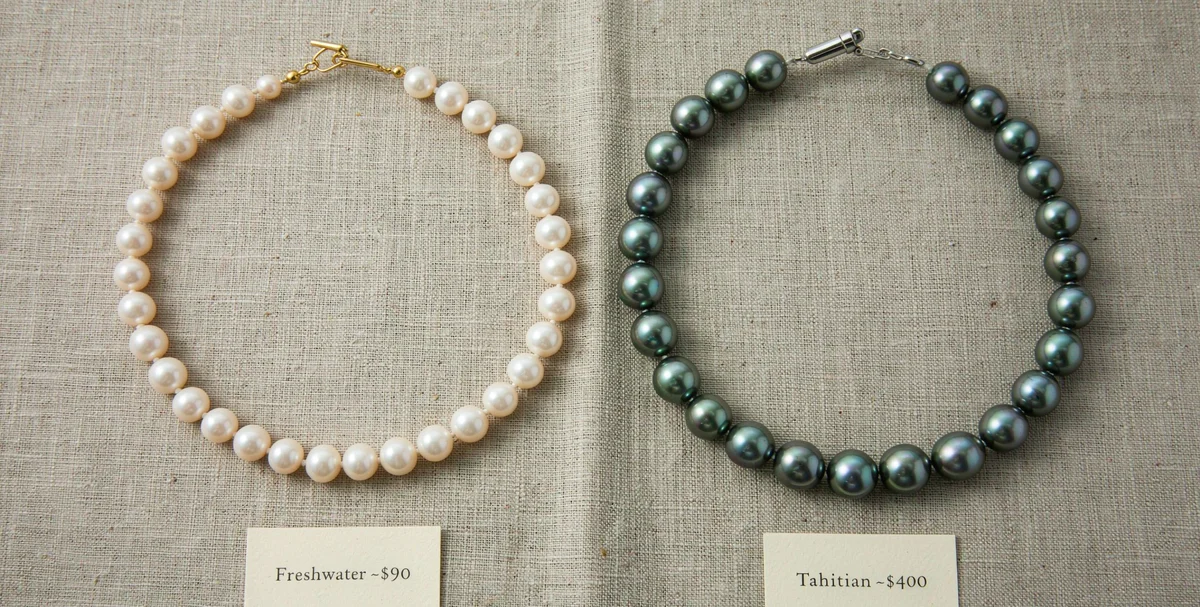 Freshwater pearl necklace (~$90) versus Tahitian (~$400), showing affordable freshwater pearls offer comparable beauty.