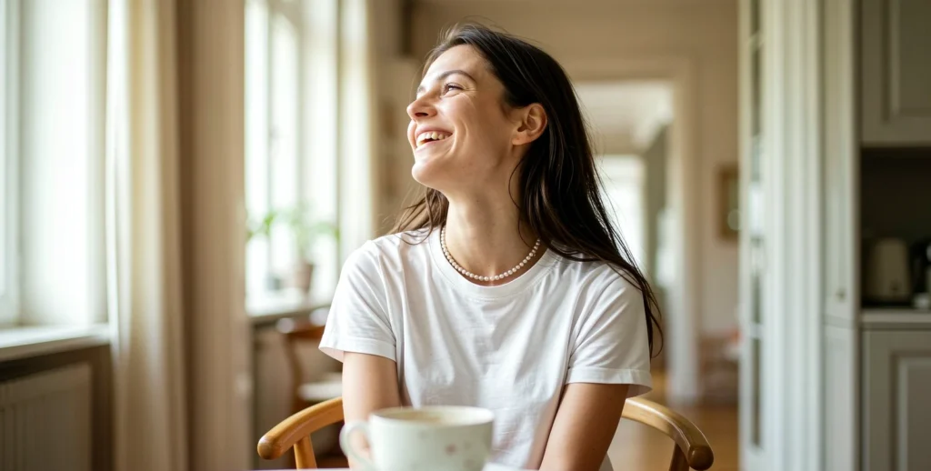 Pearl Decoded editor in a sunlit morning kitchen, wearing a white T-shirt and a delicate freshwater pearl necklace, laughing naturally
