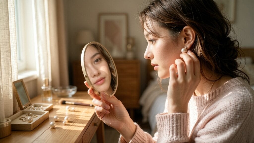 Pearl quality checklist - visual hero design for buyer's 2026 guide, showing woman inspecting pearl earrings in mirror (16:9, design-led)