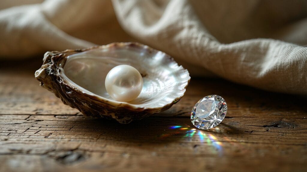 Pearl vs moissanite hero image showing a freshwater pearl in an oyster shell next to a sparkling moissanite stone