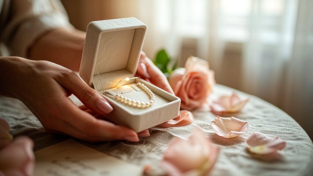 Pearl gift for girlfriend hero image, hands holding an open jewelry box with a classic pearl necklace and rose petals