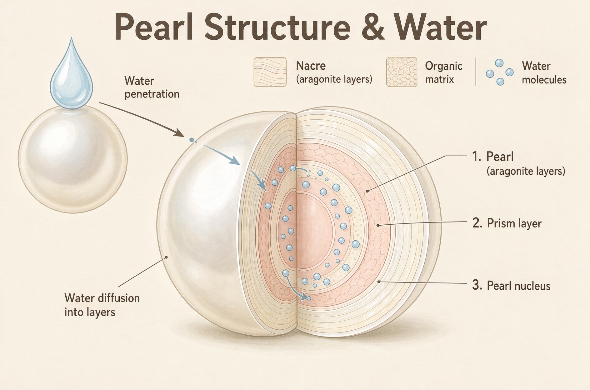 Freshwater pearl structure and water penetration diagram with nacre layers