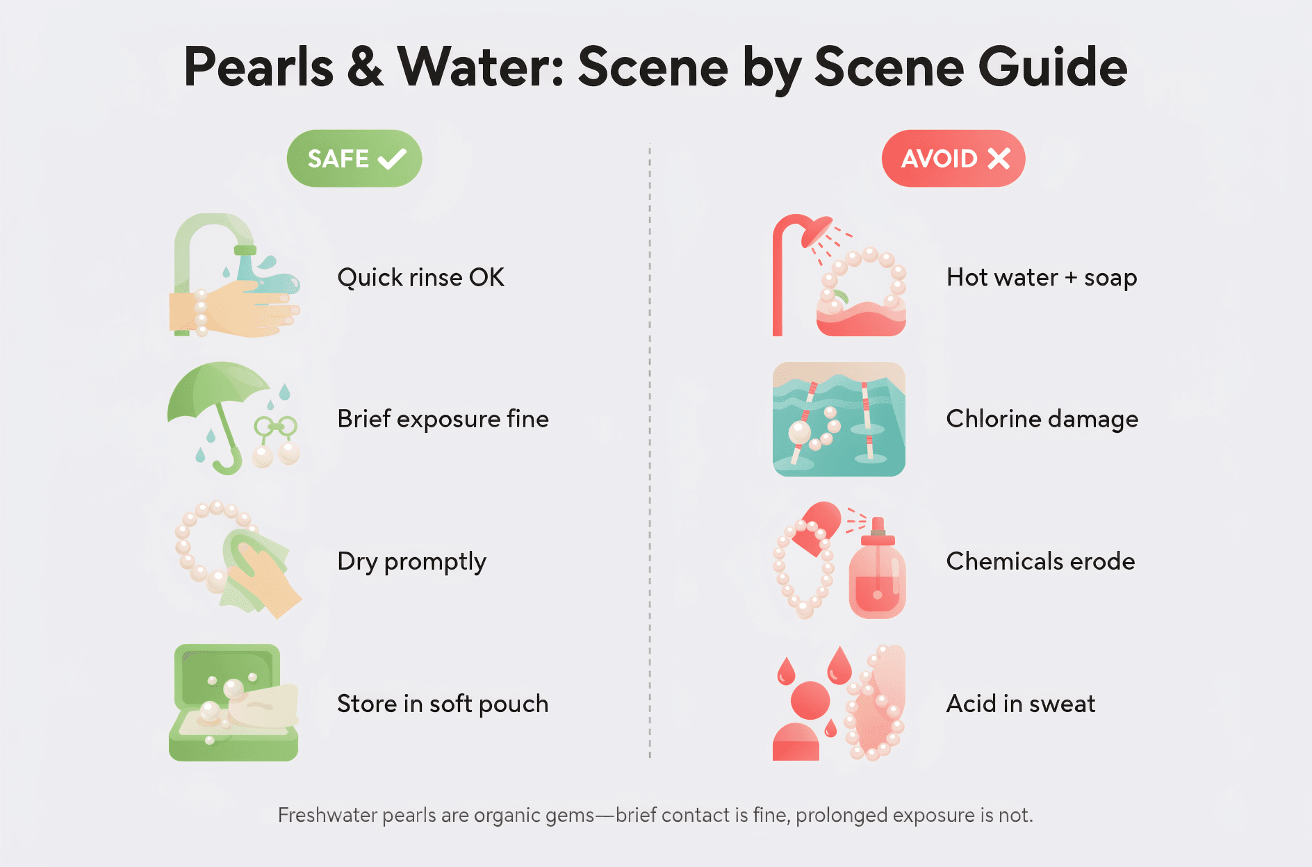 Pearls and water scene-by-scene care guide: safe versus avoid comparison