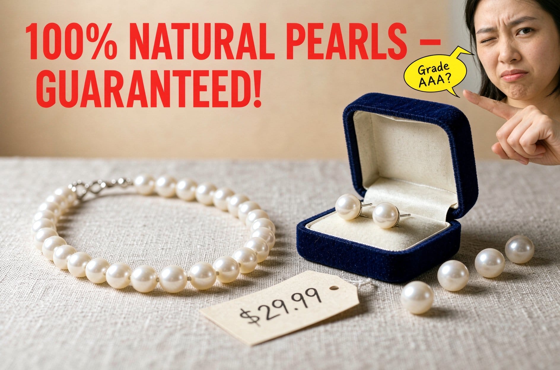 Pearl quality checklist - sales talk traps: 100% natural pearls guaranteed with $29.99 price tag, illustrating misleading seller jargon like Grade AAA claims