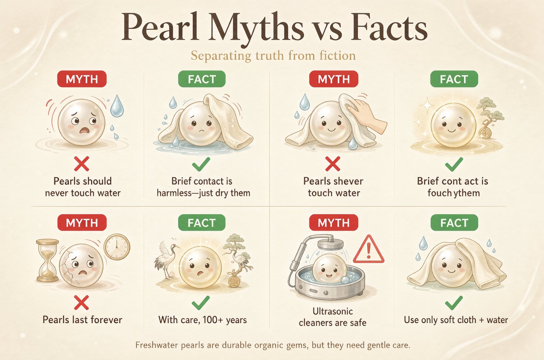 Freshwater pearl myths versus facts about water exposure infographic