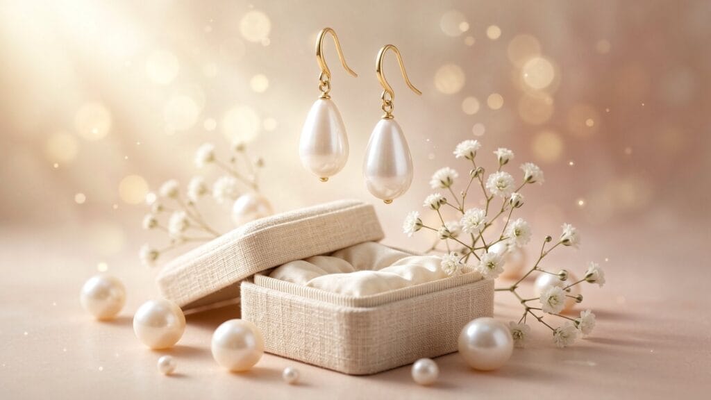 Freshwater pearl drop earrings on gift box with baby's breath florals, soft pink background