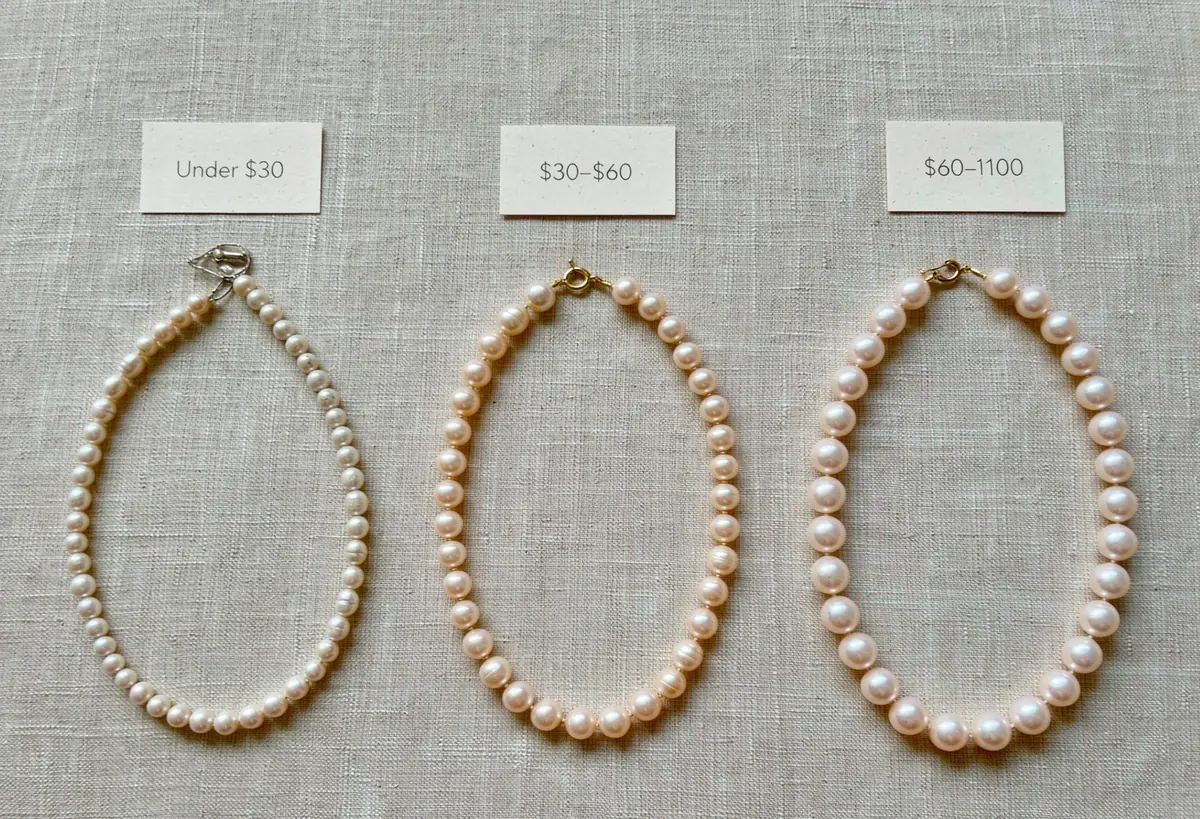 Three freshwater pearl necklaces at Under $30, $30-$60, and $60-$100 tiers, quality improving with budget.